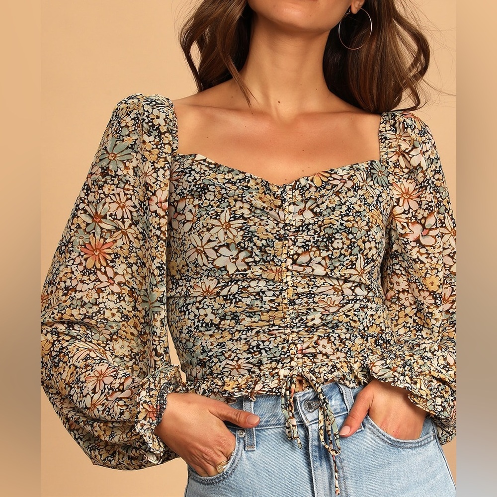 Love Song Black Floral Print Drawstring Ruched Puff Sleeve Top